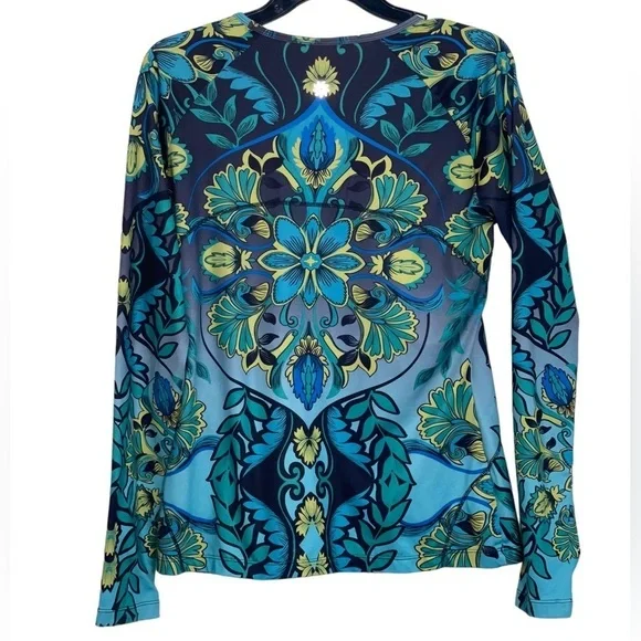 Athleta Runaway Paisley Activewear Teal Blue & Green LS Top Sz M - Picture 3 of 6